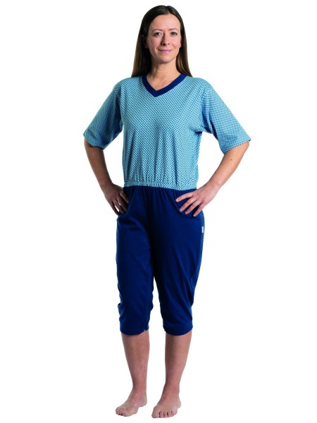 Suprima Pflege-Schlafanzug 100% BW, kurz, (blau gepunktet) - Art. 4730