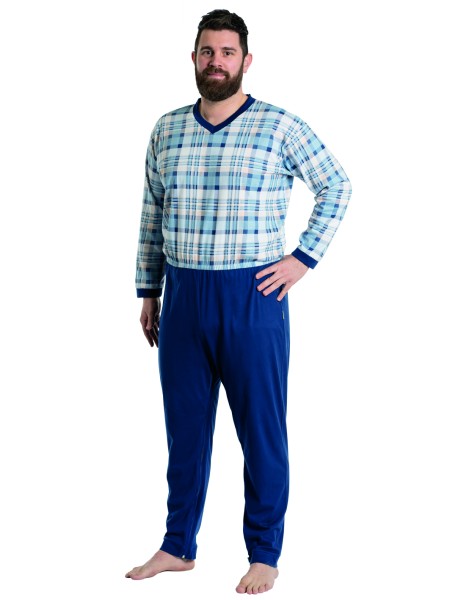 Suprima Pflege-Schlafanzug 100% BW, lang, (karo blau) - Art. 4718